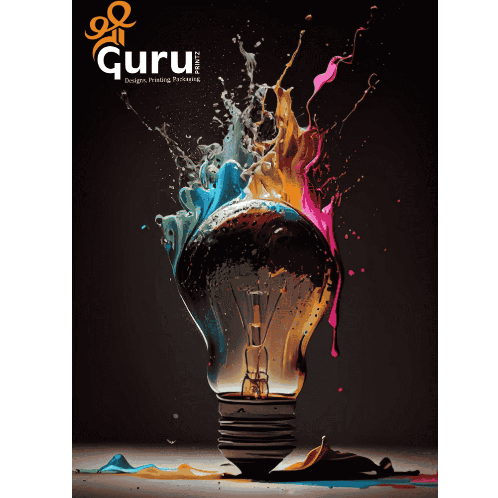 "High-quality custom printing and packaging solutions by Guru Printz, visualized by a creative lightbulb paint splash."